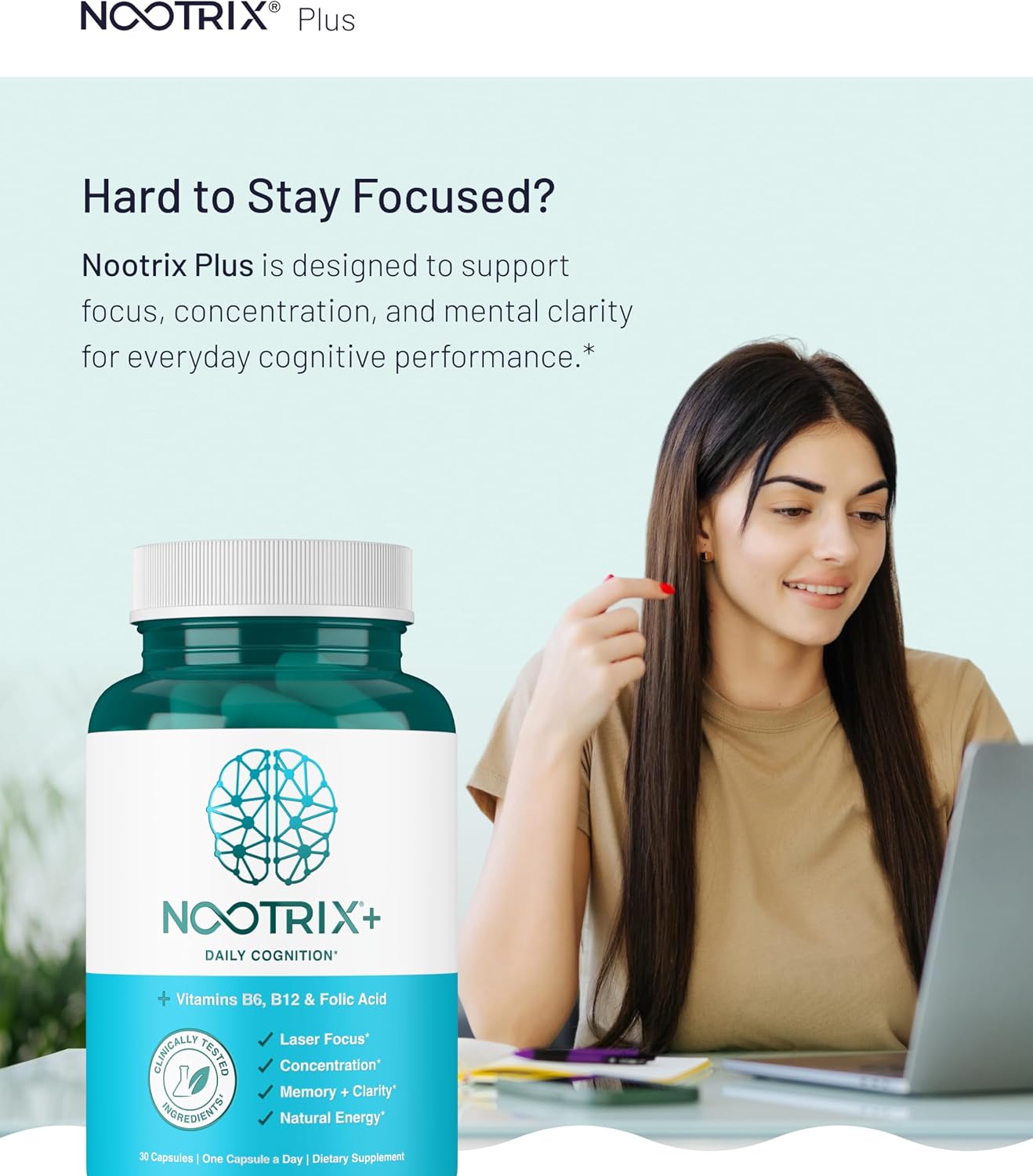 Nootrix Brain Plus - Suplemento Nootrópico para Memoria, Enfoque y Energía Mental (60 cápsulas, 30 días)