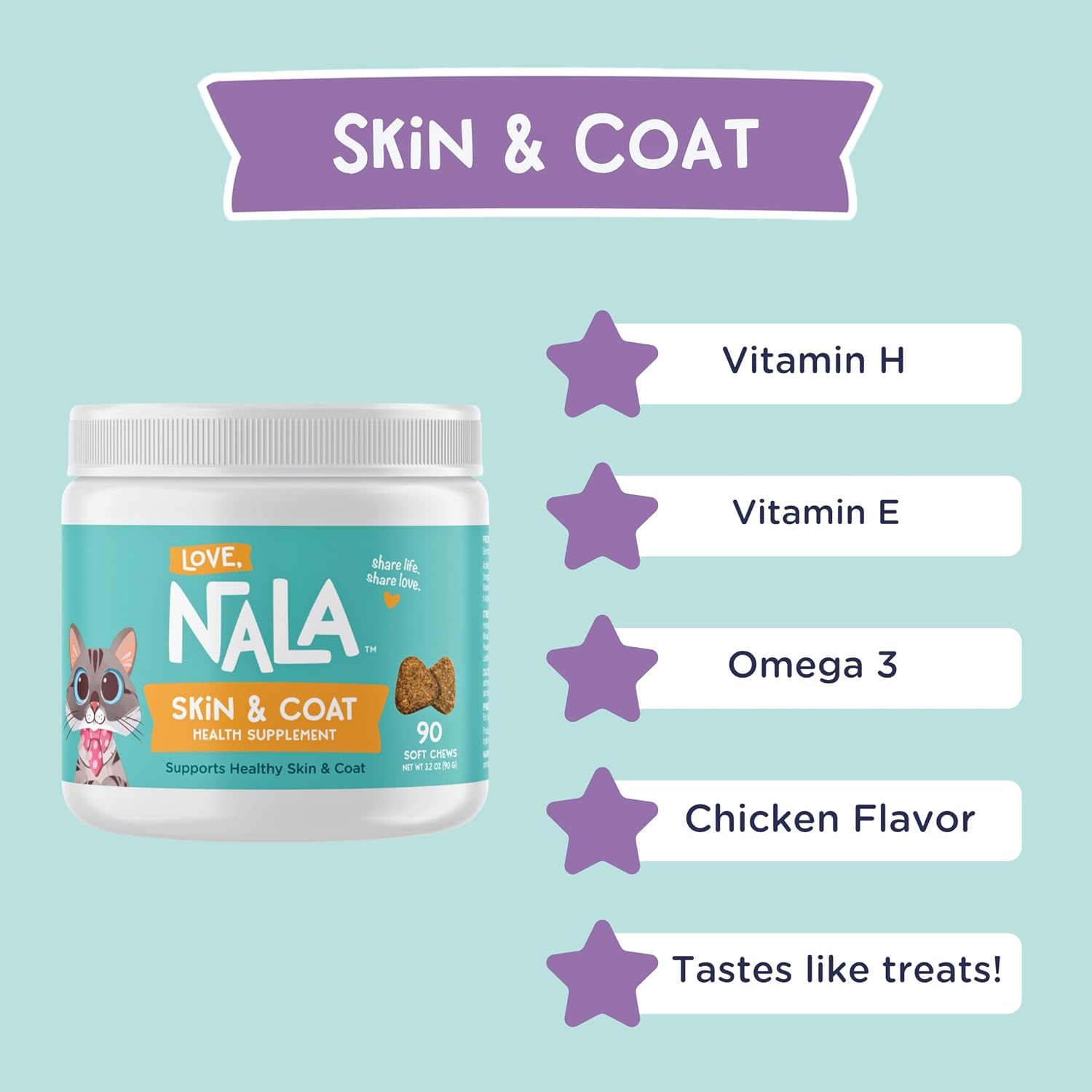 Skin and Coat Supplement for Cats - 90 Tasty Soft Chews - Omega 3 Fish Oil, Biotin, Vitamin E Supports Skin & Fur Health - 3.2 oz