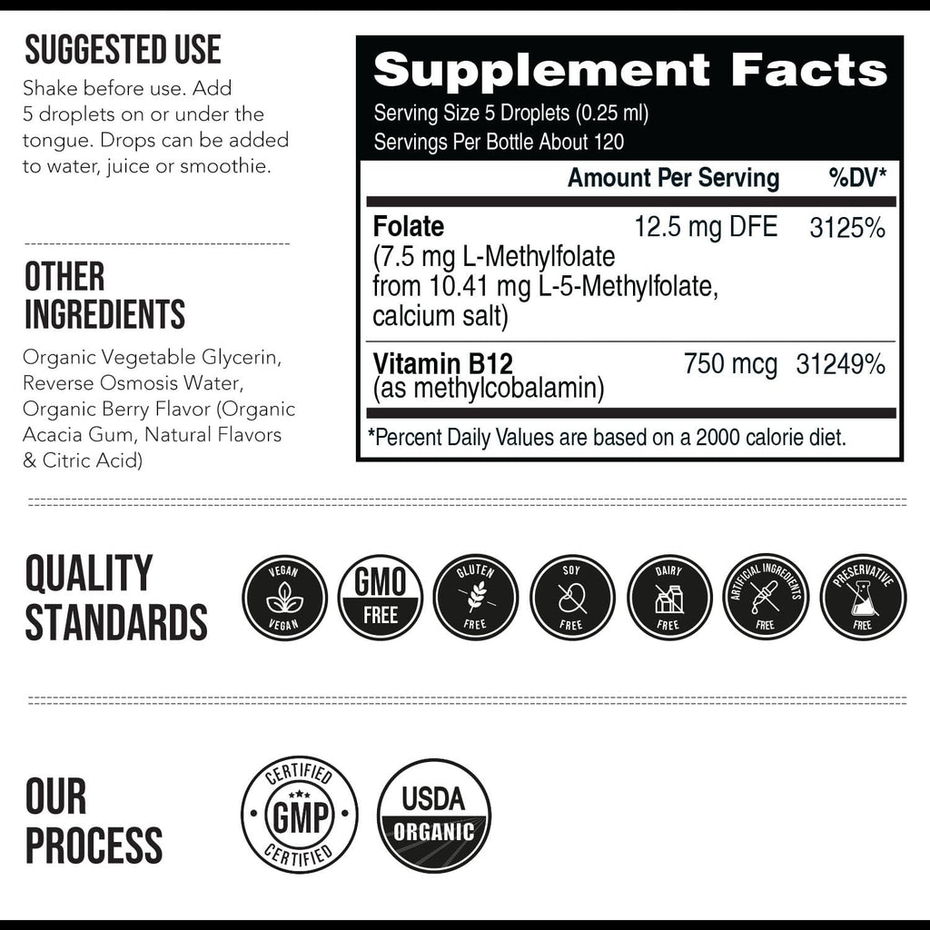 L-Metilfolato Orgánico 7.5 mg con Cofactor Metil B12 - Sabor a Bayas Orgánico - Líquido Sublingual - 30 ml