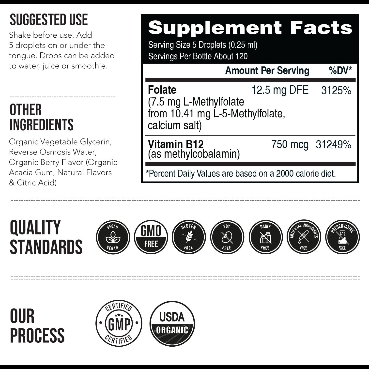 L-Metilfolato Orgánico 7.5 mg con Cofactor Metil B12 - Sabor a Bayas Orgánico - Líquido Sublingual - 30 ml