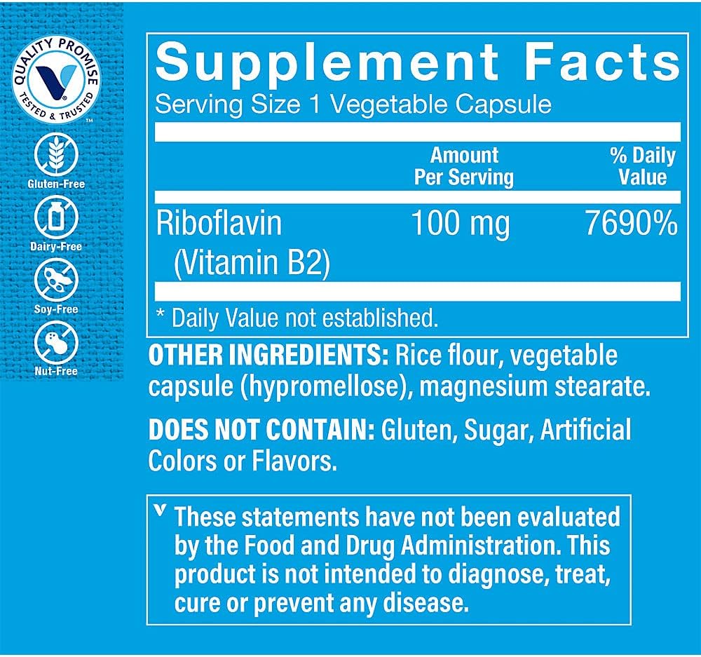 The Vitamin Shoppe Riboflavina Vitamina B2 100mg - 100 Cápsulas