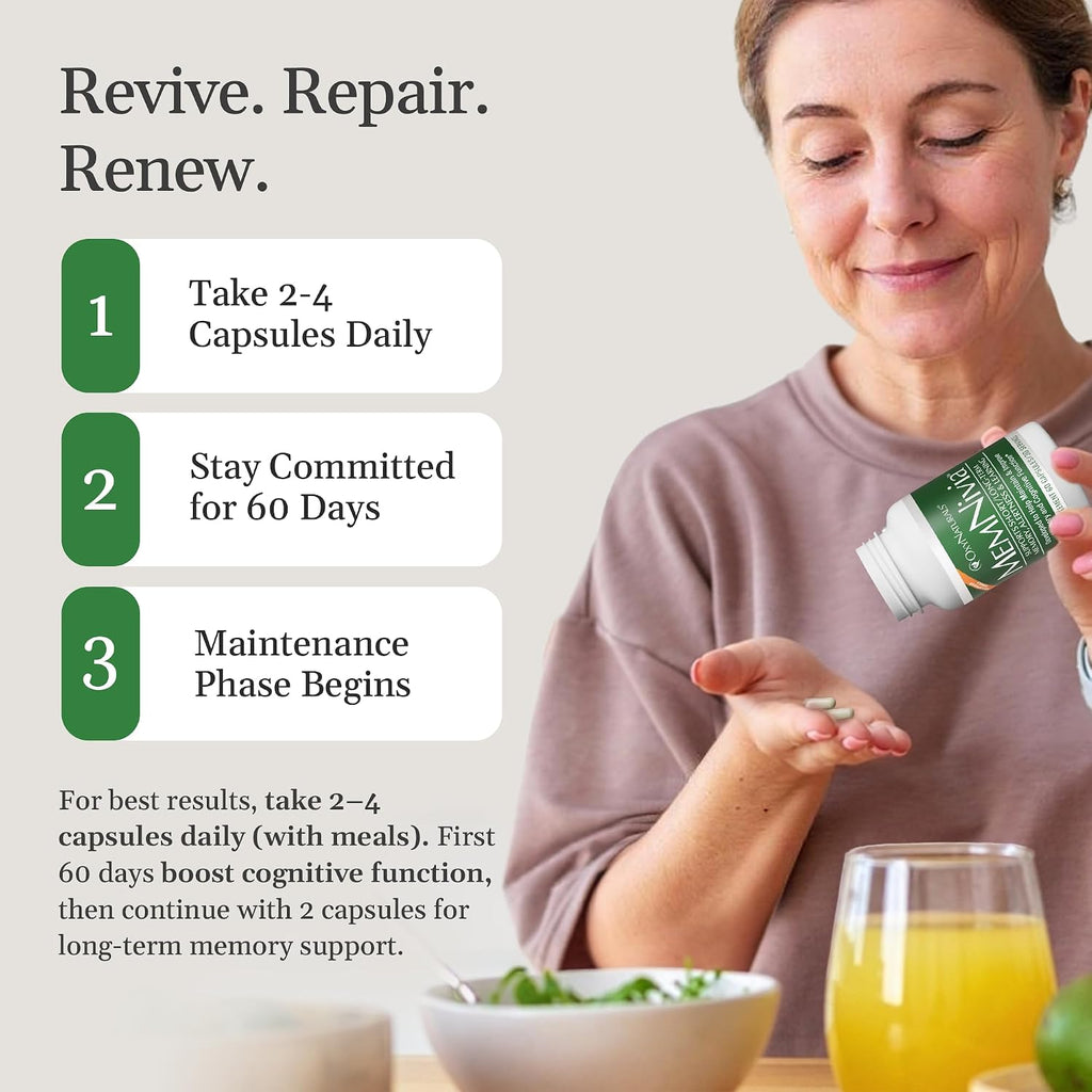 MemNivia Suplemento para la Memoria y Concentración | Fórmula con Cognivia®, Bacopa, Albahaca Santa y Jengibre | 60 Cápsulas
