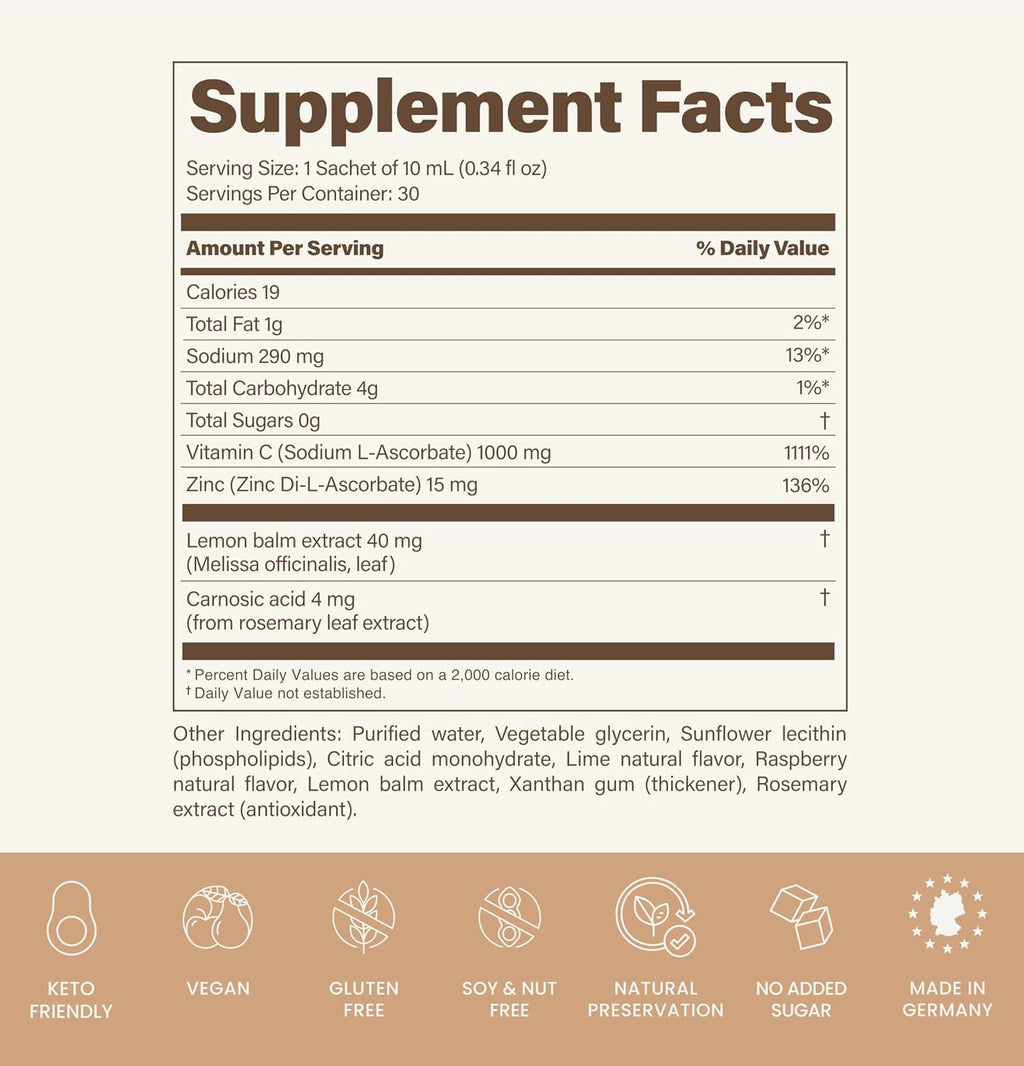 Orlique Vitamina C Liposomal 1000 mg con Zinc y Bioflavonoides | Sabor Lima y Frambuesa | 30 Sobres