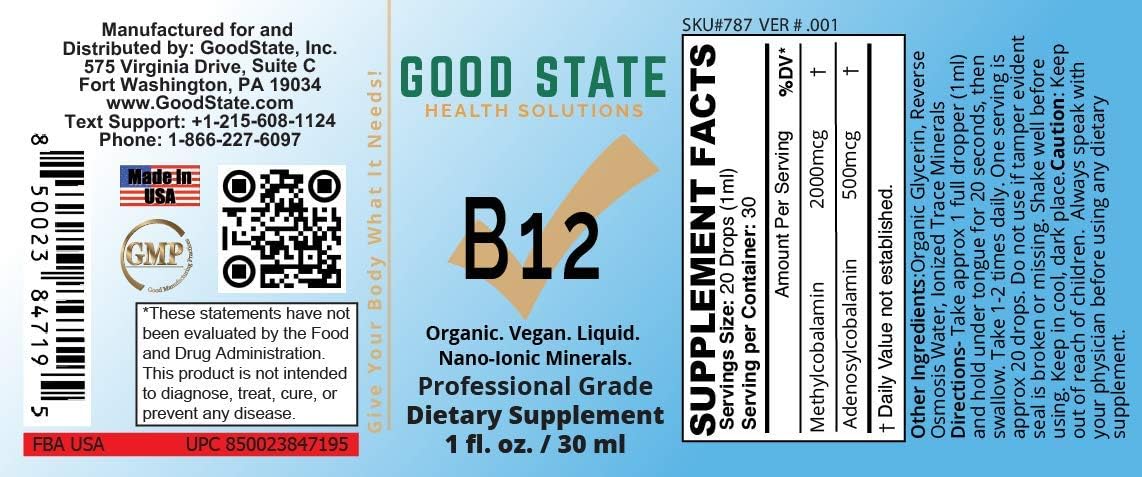 Good State Ionic B12 - Suplemento Líquido de Vitamina B12 - 1 Onza (30 ml) - Vegano y Sin Gluten
