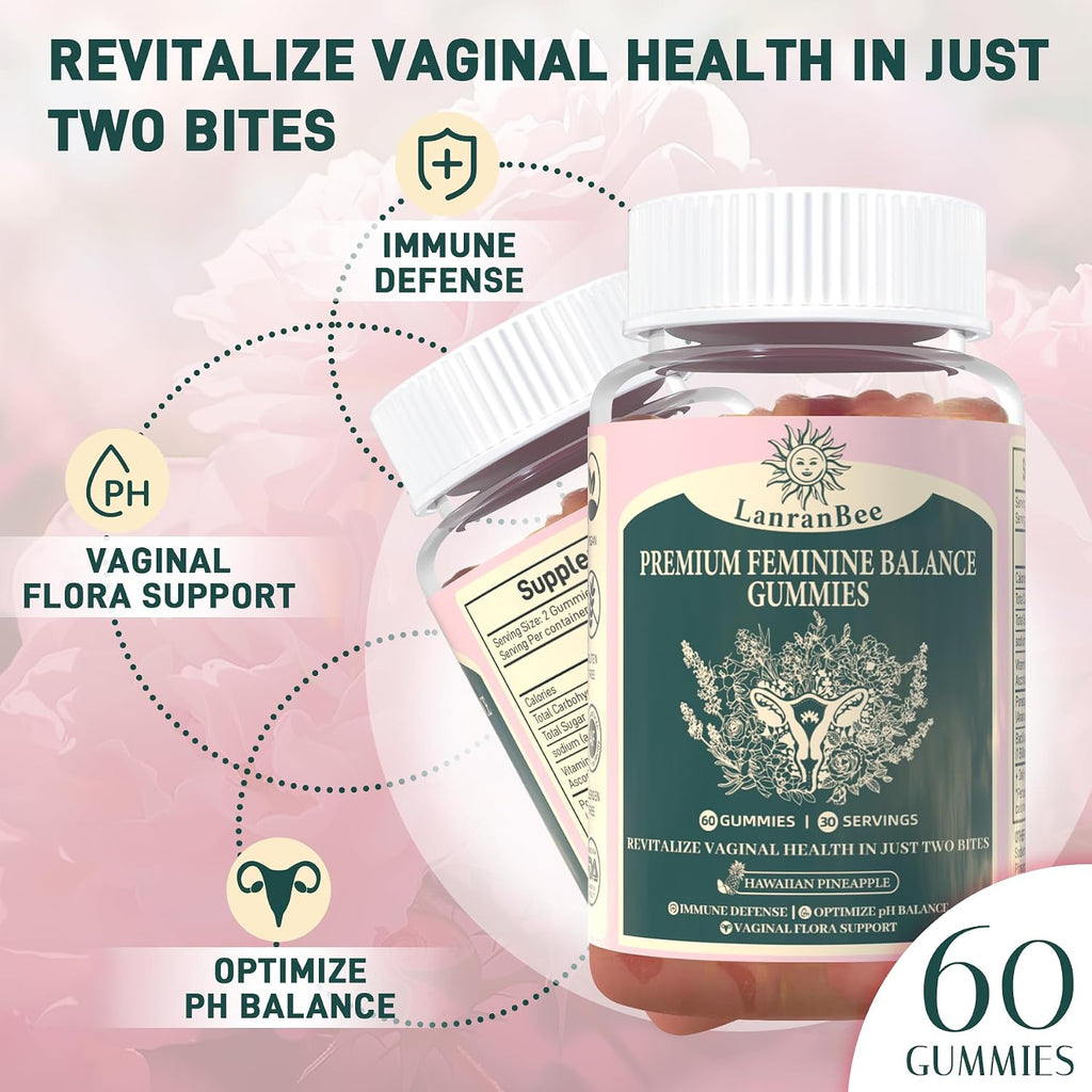 LanranBee Premium Feminine Balance Gummies - Probiótico Vaginal - 60 Gominolas - Sabor Piña Hawaiana