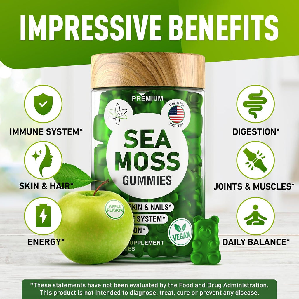 BioVit Sea Moss Gummies - Gominolas de Sea Moss Silvestre con Bladderwrack y Burdock - 60 Gominolas Veganas