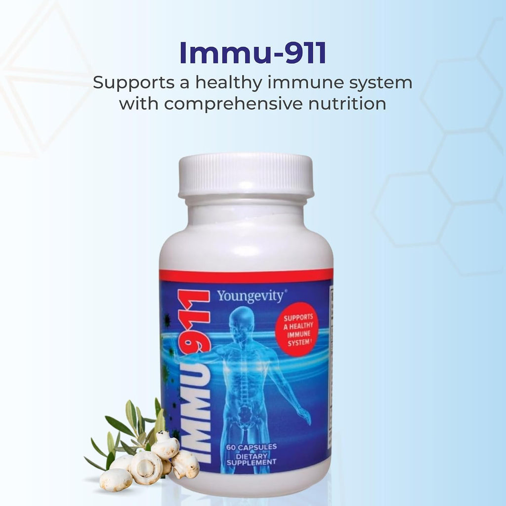 Youngevity Immu-911™ Advanced Immune - Complejo Inmunológico con Colostro, Vitamina C, Zinc, Equinácea, Astrágalo, Corteza de Pau D'Arco y 6 Hongos Micelares (60 Cápsulas)