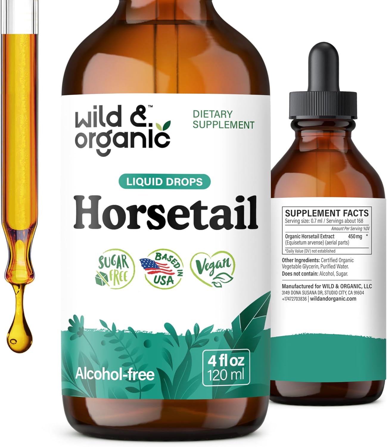 Wild & Organic Tintura de Cola de Caballo - Apoyo para Cabello, Piel y Uñas - Suplemento Líquido Vegano sin Alcohol - 118 ml