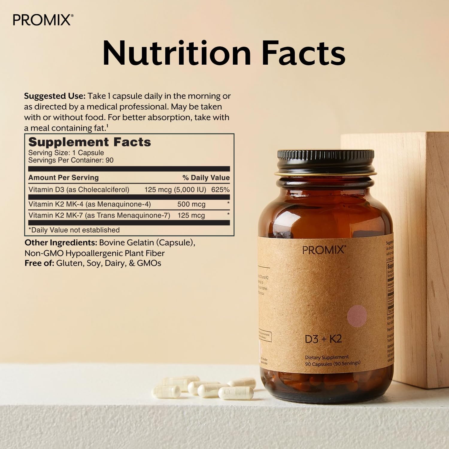 ProMix Nutrition Vitamina D3 + K2 5000 UI con MK-4 y MK-7 - 90 Cápsulas - Sin Gluten, Sin Soja