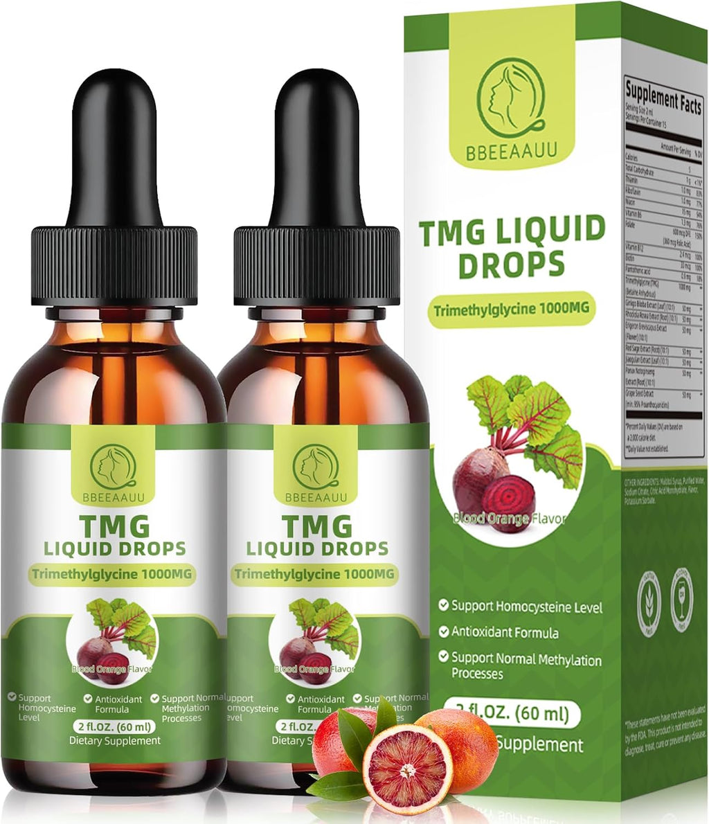 TMG (Trimetilglicina) 1000 mg - Gotas Líquidas con Betaina, Alta Absorción, No-GMO, Vegano, Sabor Naranja Sanguina, 2 x 60 ml