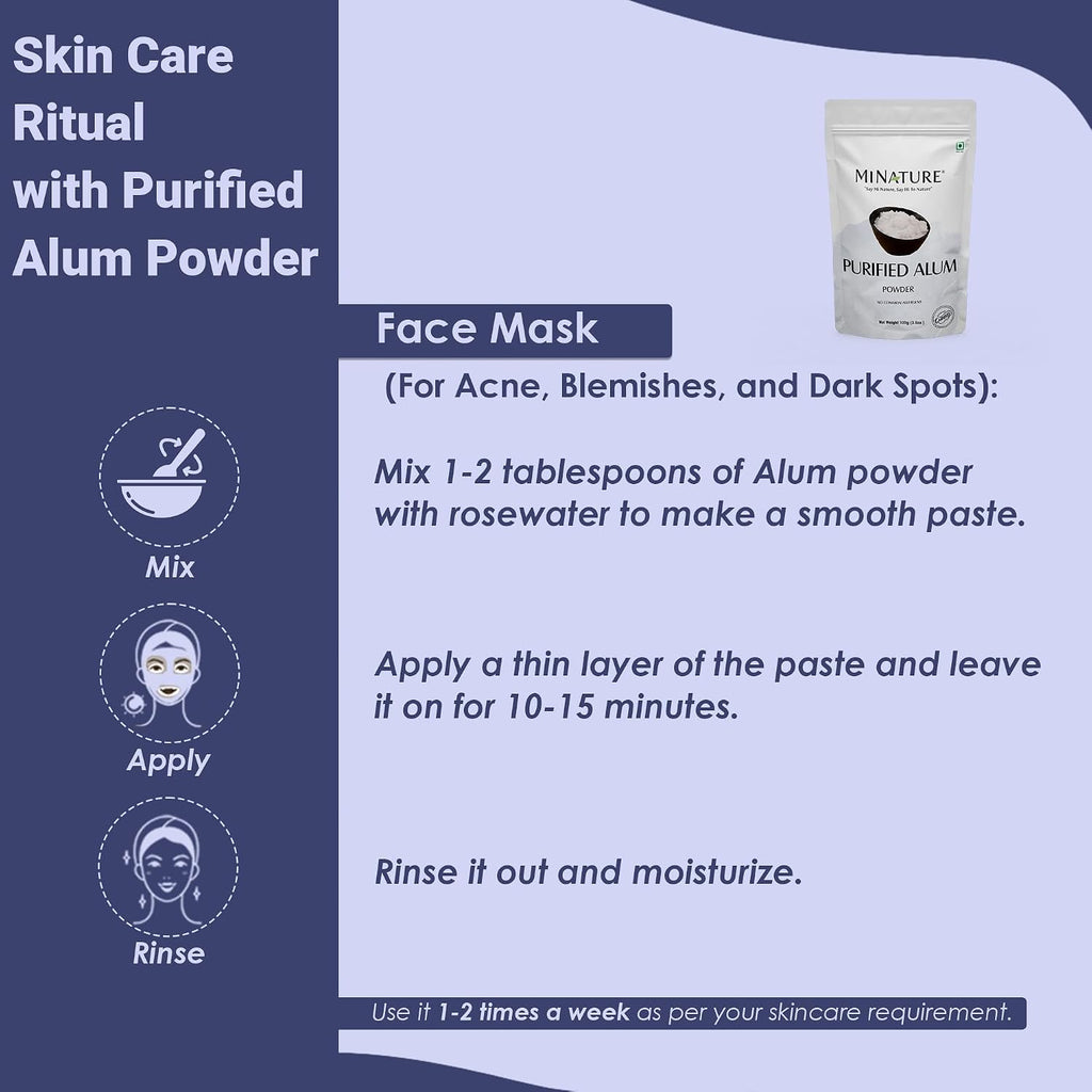 Mi Nature Alumbre en Polvo de Potasio (Fitkari/Phitkari) - 100% Natural para el Cuidado de la Piel, Acné, Control de Olores y Purificación de Agua - Mascarilla Facial para Refinar Poros - 100g