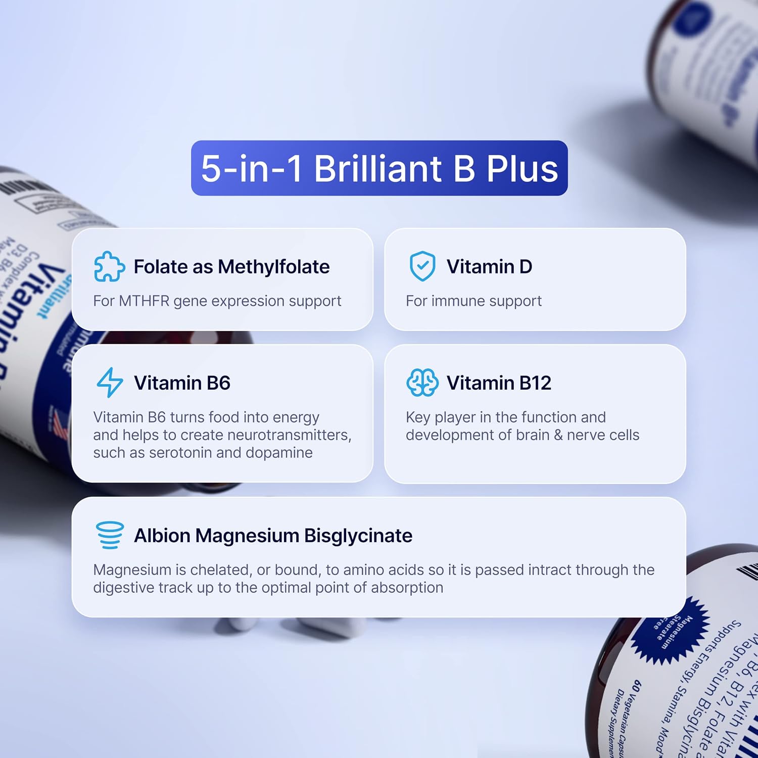 AgeImmune Complejo B con Vitamina D3, B12, B6, Magnesio Bisglicinato y Folato como Metilfolato - 60 Cápsulas - Sin Niacina