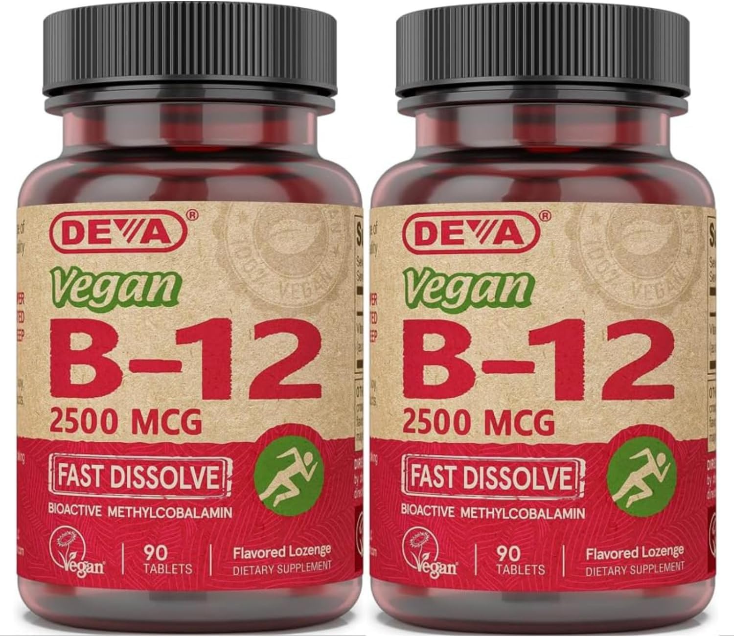 DEVA Vitaminas B12 Veganas, 2500 mcg Metilcobalamina, Comprimidos Sublinguales de Disolución Rápida, 90 Unidades (Paquete de 2)