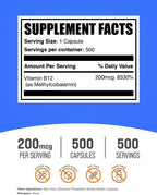 Vitamina B12 Metilcobalamina 200mcg - 500 Cápsulas - BulkSupplements