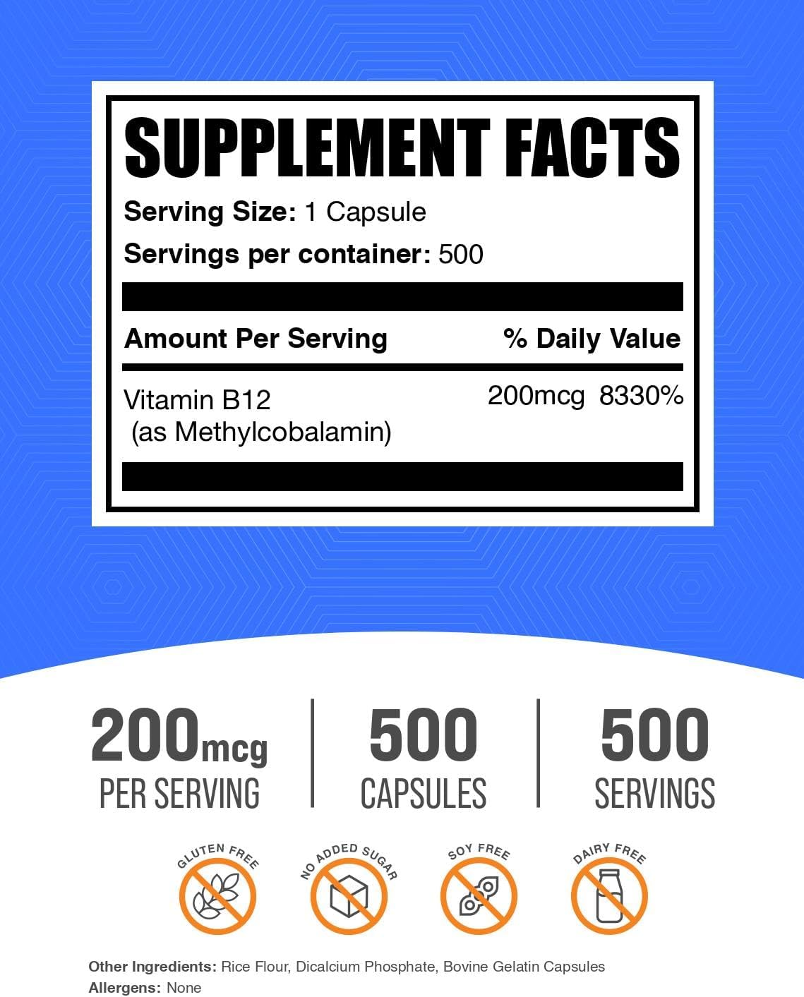 Vitamina B12 Metilcobalamina 200mcg - 500 Cápsulas - BulkSupplements