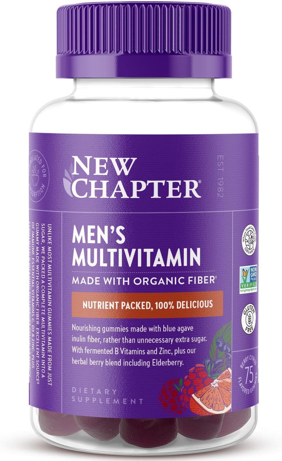 New Chapter Multivitamínico para Hombres en Gominolas, 57% Menos Azúcar, con Vitaminas C, D3 y Zinc, No-GMO, Sin Gluten, Sabor Baya-Cítrico, 75 Unidades