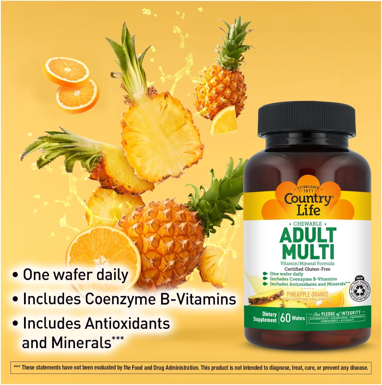 Country Life Multivitamínico Masticable Adultos con Vitaminas B Coenzimáticas, Antioxidantes y Minerales - Sabor Piña-Naranja - 60 Wafers