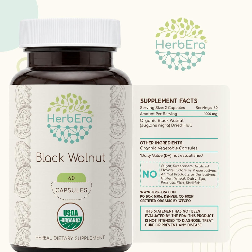 HerbEra Black Walnut 500 mg | Cápsulas Veganas Orgánicas USDA | Apoyo Digestivo y Antioxidante