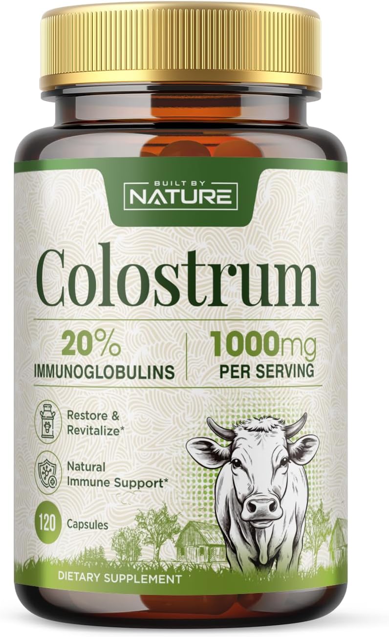 Built by Nature Suplemento de Calostro Bovino, 120 Cápsulas - 1000 mg de Polvo de Calostro de Pasto, 20% IgG