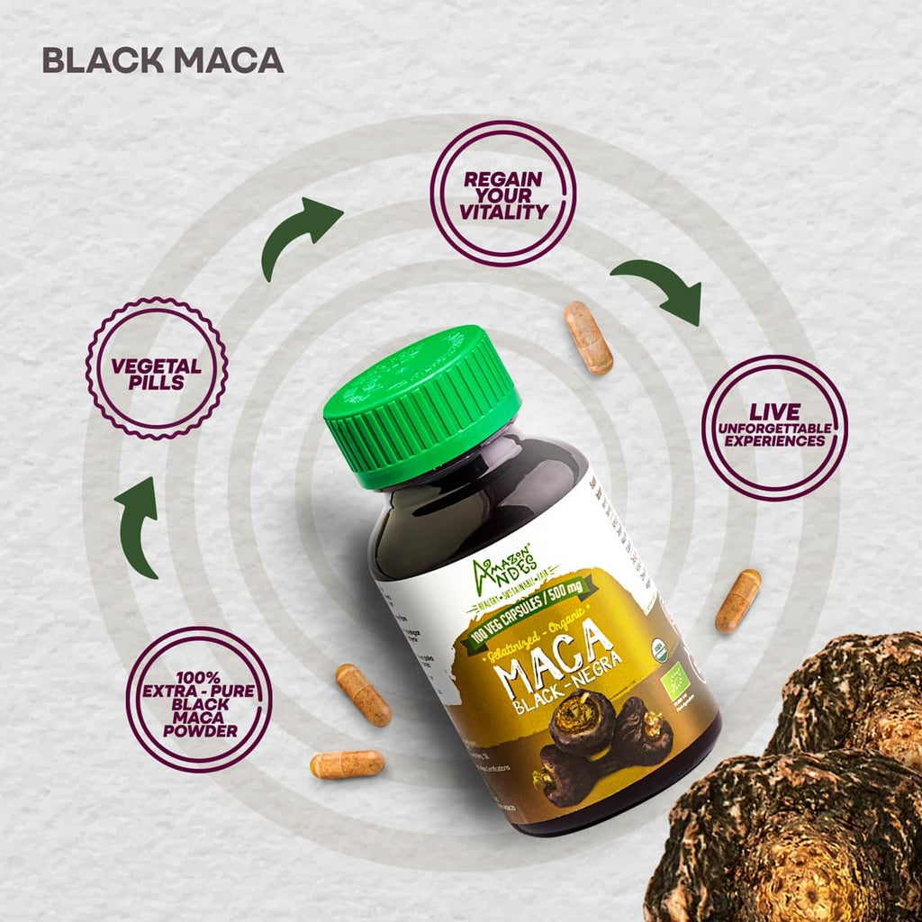 Cápsulas de Maca Negra Orgánica - 1500 mg por Dosis - Vegano y Sin Gluten