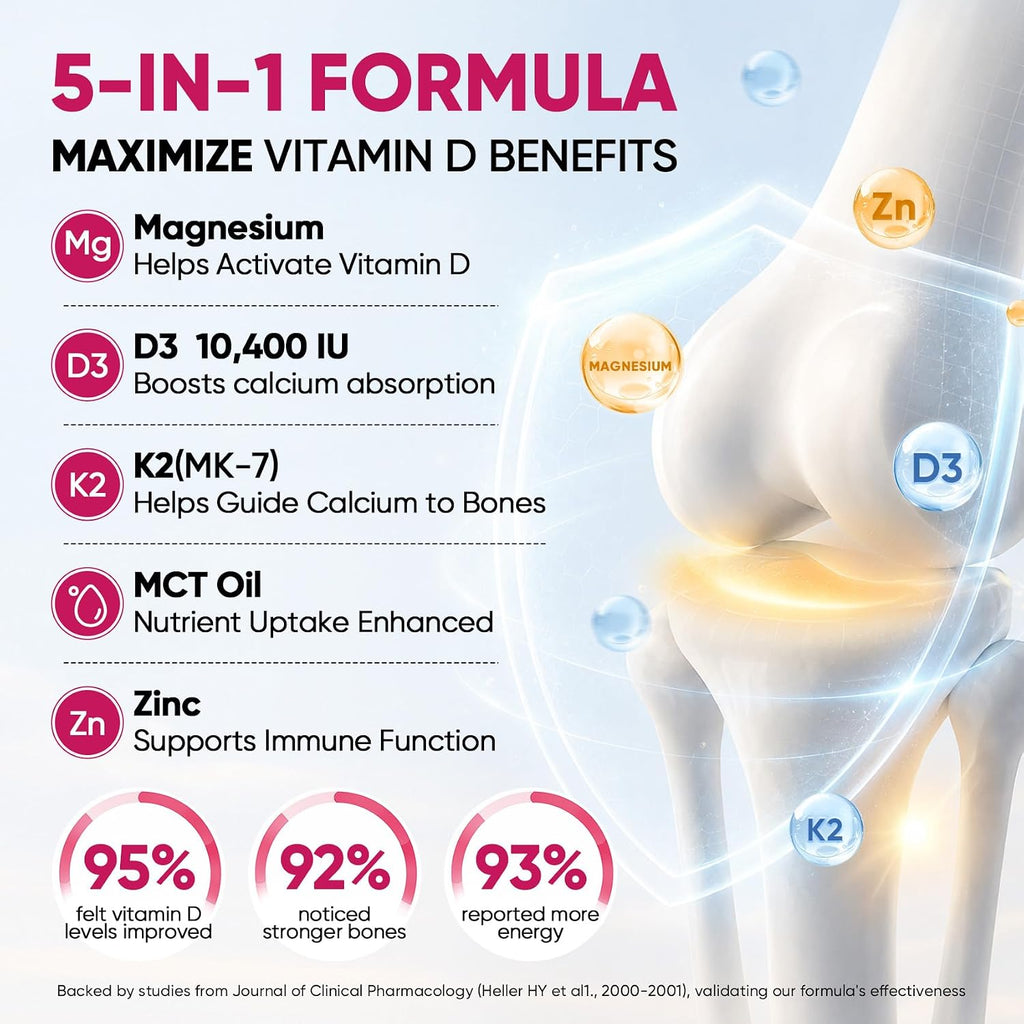 5-in-1 Vitamin D3 K2 Drops - 10000 UI D3 y 200 mcg K2 (MK-7) con Magnesio, Zinc y MCT Oil