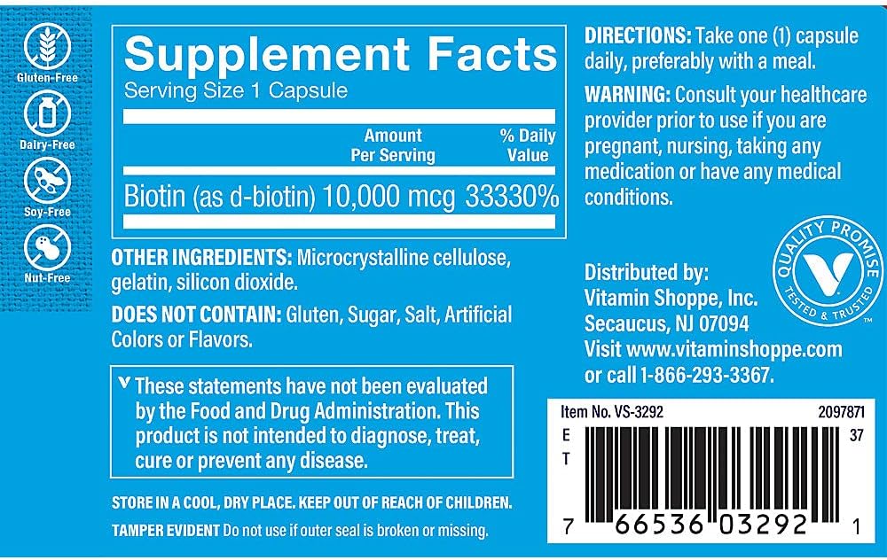 The Vitamin Shoppe Biotina 1.000 mcg - Suplemento de vitamina B7 para cabello, piel y uñas (120 cápsulas)