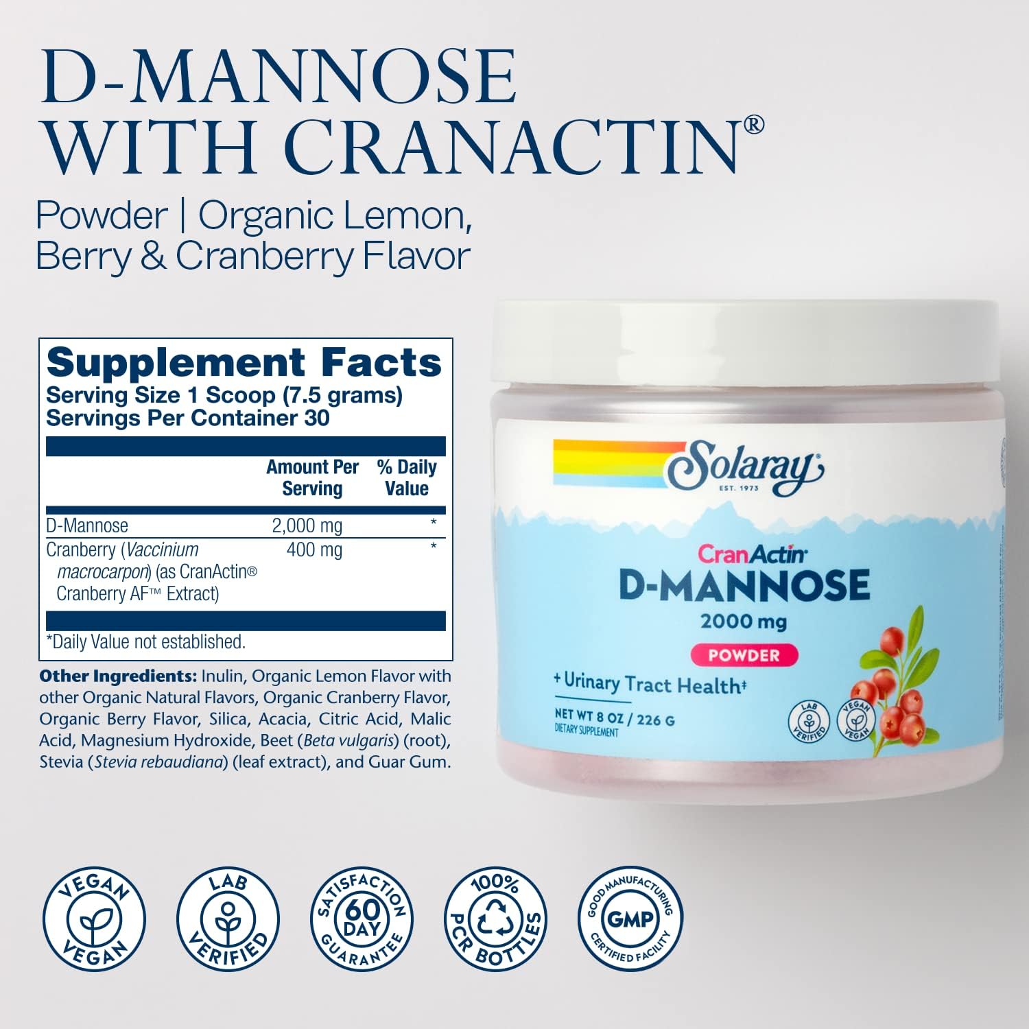 SOLARAY D-Mannose con CranActin Arándano Rojo Extracto en Polvo, 2000 mg, 30 Servicios