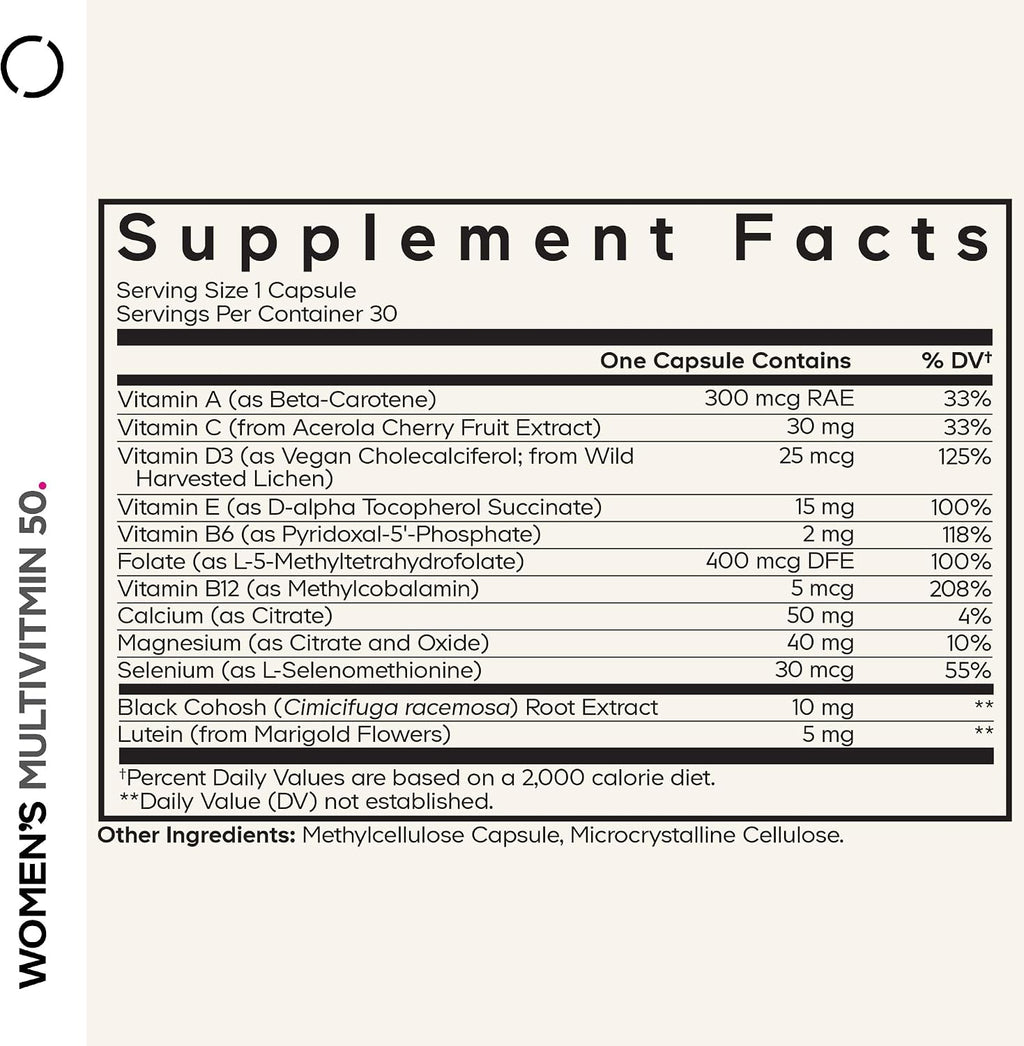 Codeage Women’s Multivitamin 50 - Essential Vitamins for Women Over 50, Methylated Folate, Magnesium, Selenium, Vitamin B6, B12, D3 Antioxidants - 1 Pill Per Serving - Gluten-Free - 30 Capsules