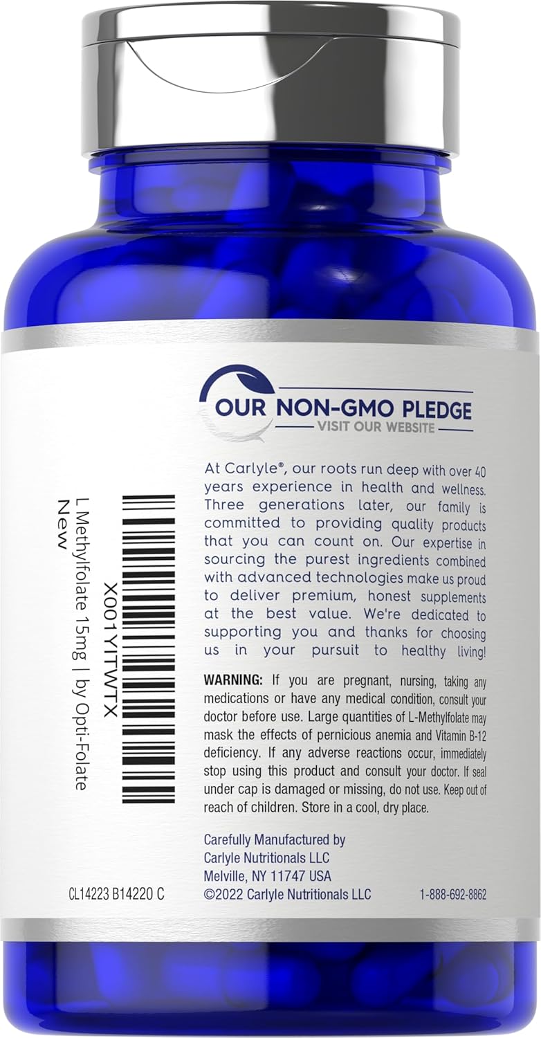 Carlyle L-Metilfolato 15 mg | 120 Cápsulas | Máxima Potencia | Optimizado y Activado | No GMO, Sin Gluten