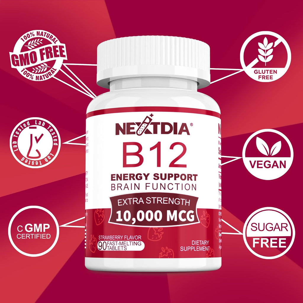 Nextdia Vitamina B12 10.000 mcg Metilcobalamina Sublingual - 180 Comprimidos Sabor Fresa