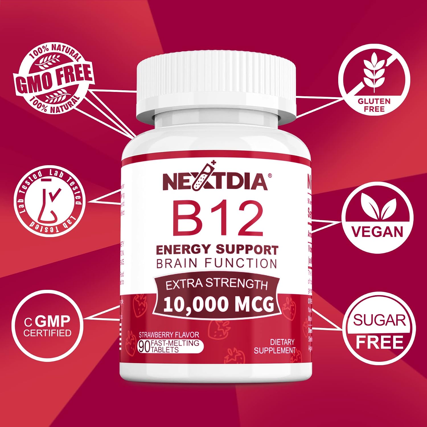Vitamina B12 Metilcobalamina 10000 mcg – 90 Comprimidos Sublinguales Sabor Fresa – Vegano, Sin Gluten