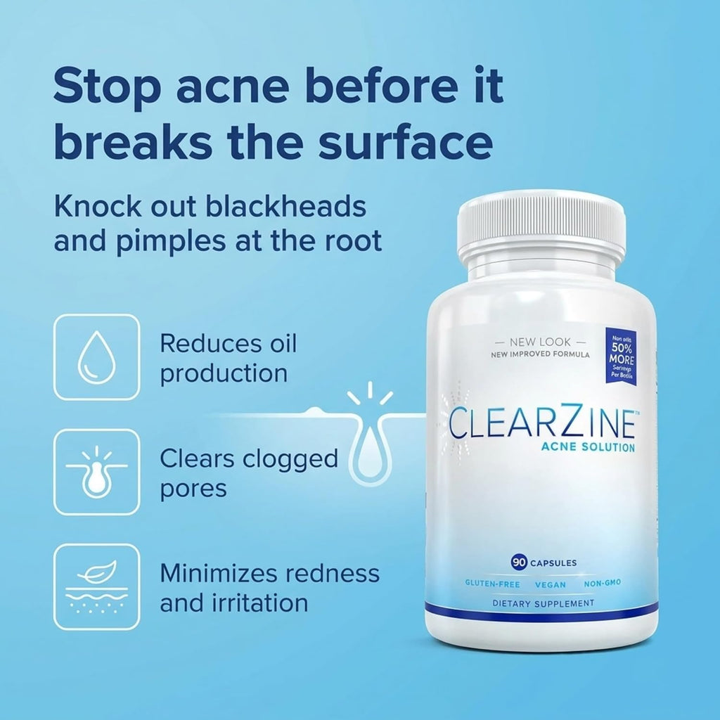 ClearZine Acne Pills - Suplemento para el acné (2 frascos, 90 cápsulas cada uno)