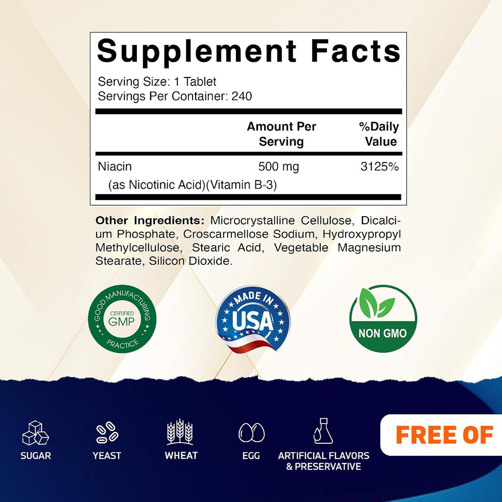 Vitamatic Niacina (Vitamina B3) 500mg, 240 Comprimidos - No OGM y Sin Gluten