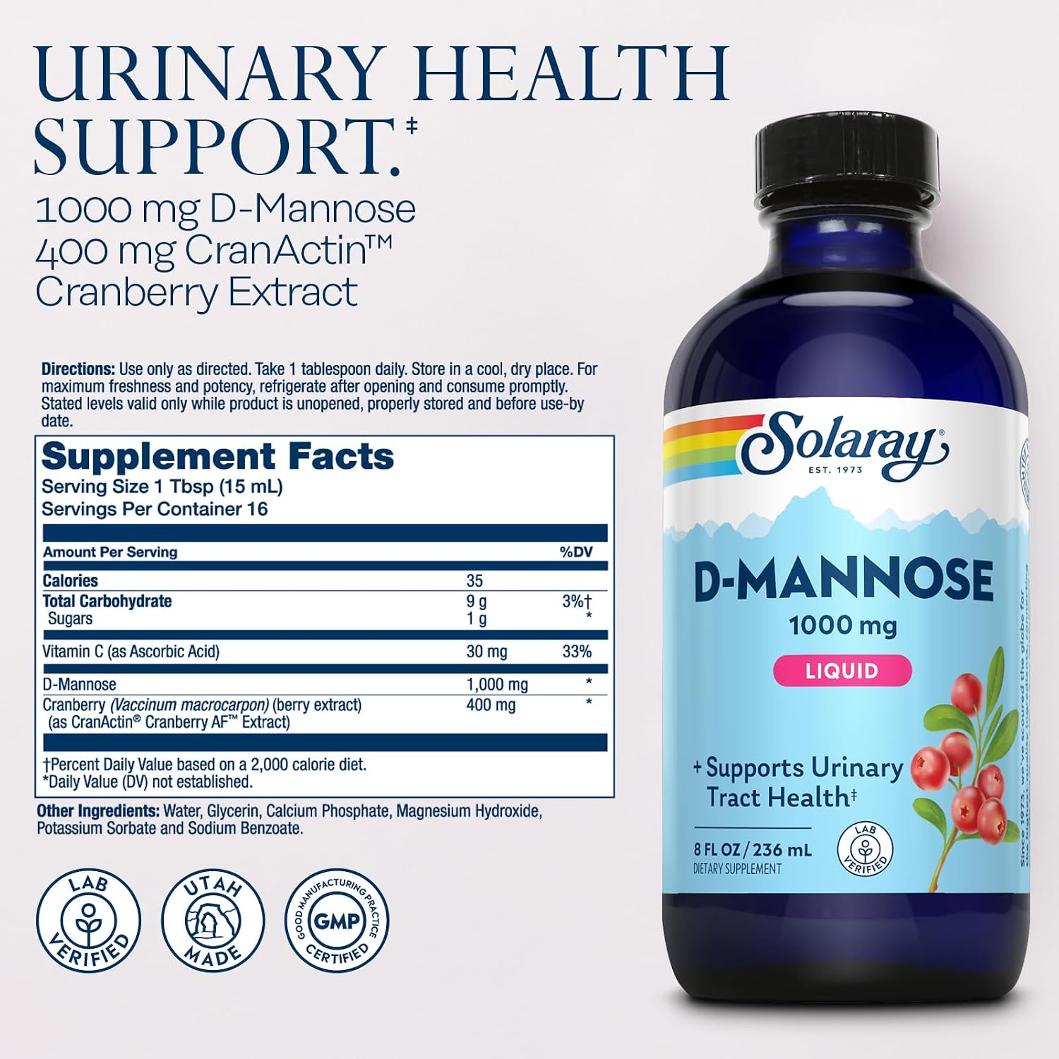 SOLARAY D-Mannosa 1000 mg Fórmula Líquida con Extracto de Arándano CranActin - Suplemento de D-Mannosa y Arándano con Vitamina C - 237 ml