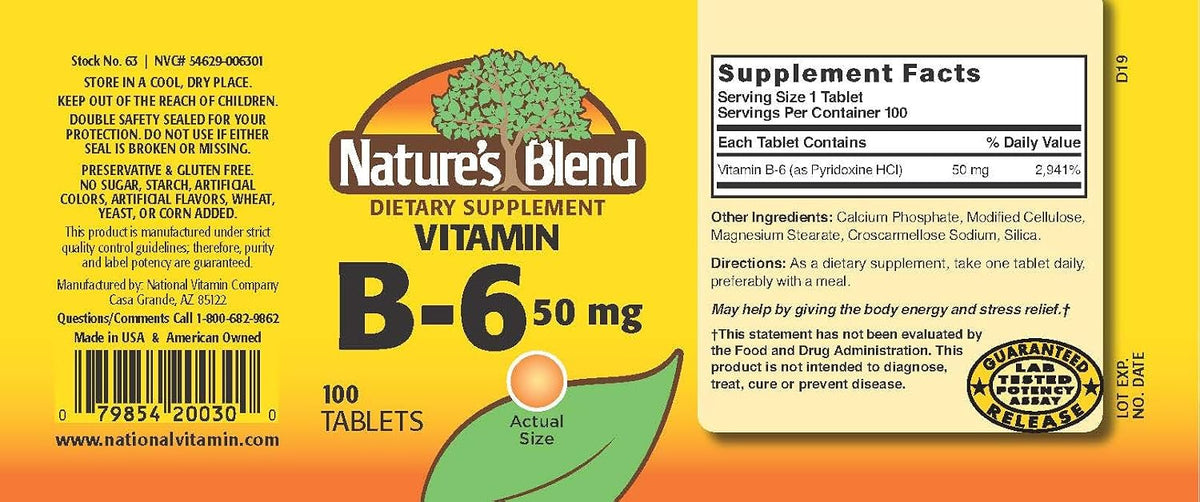 Nature's Blend Vitamina B-6 50 mg – Contribuye al funcionamiento normal del sistema nervioso. – Image 2
