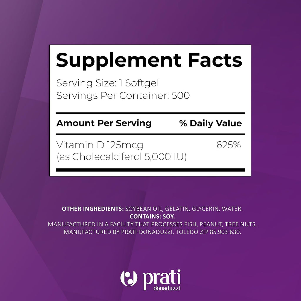 Prati Donaduzzi Vitamina D3 5,000 UI (125 mcg) Softgels - 500 Cápsulas