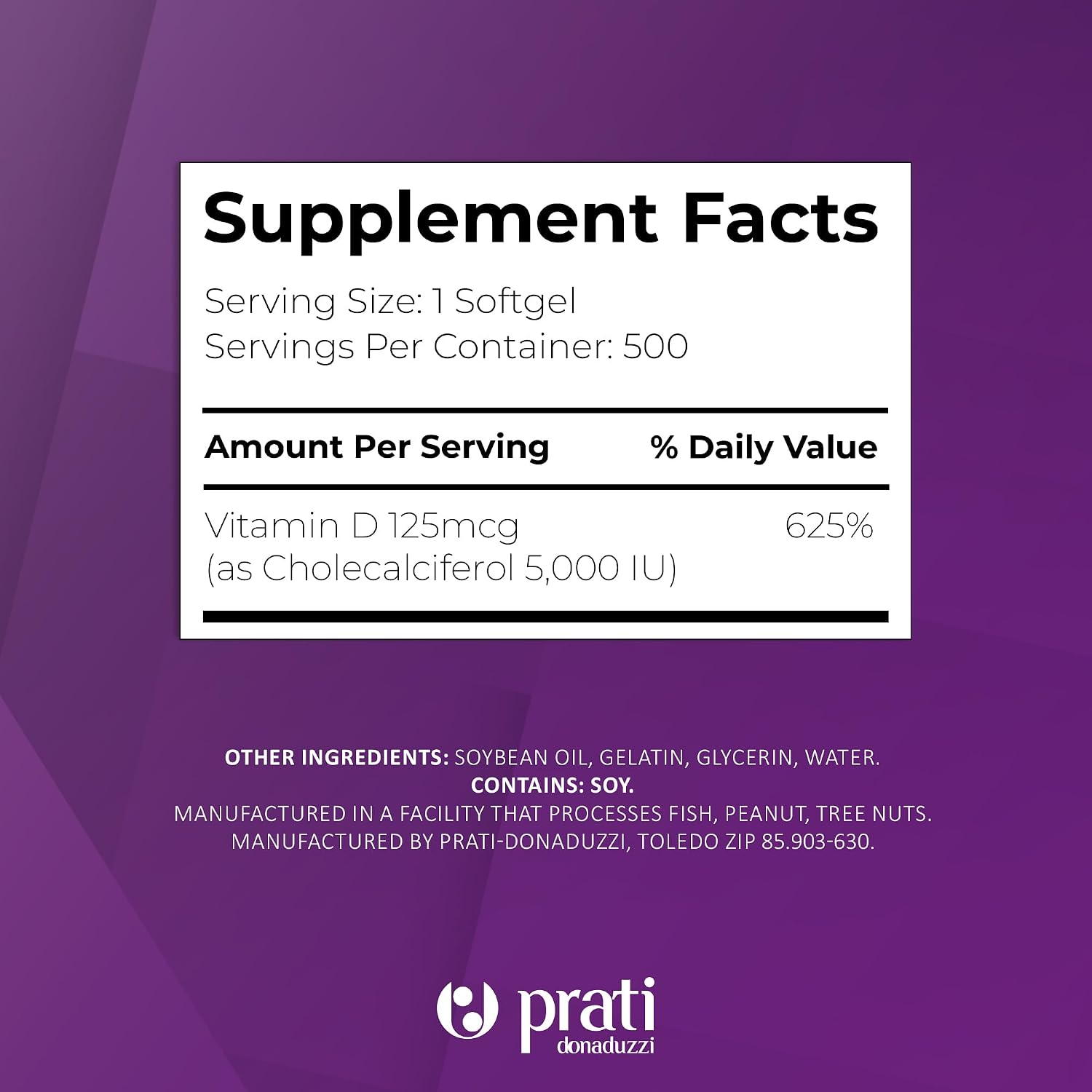 Prati Donaduzzi Vitamina D3 5,000 UI (125 mcg) Softgels - 500 Cápsulas