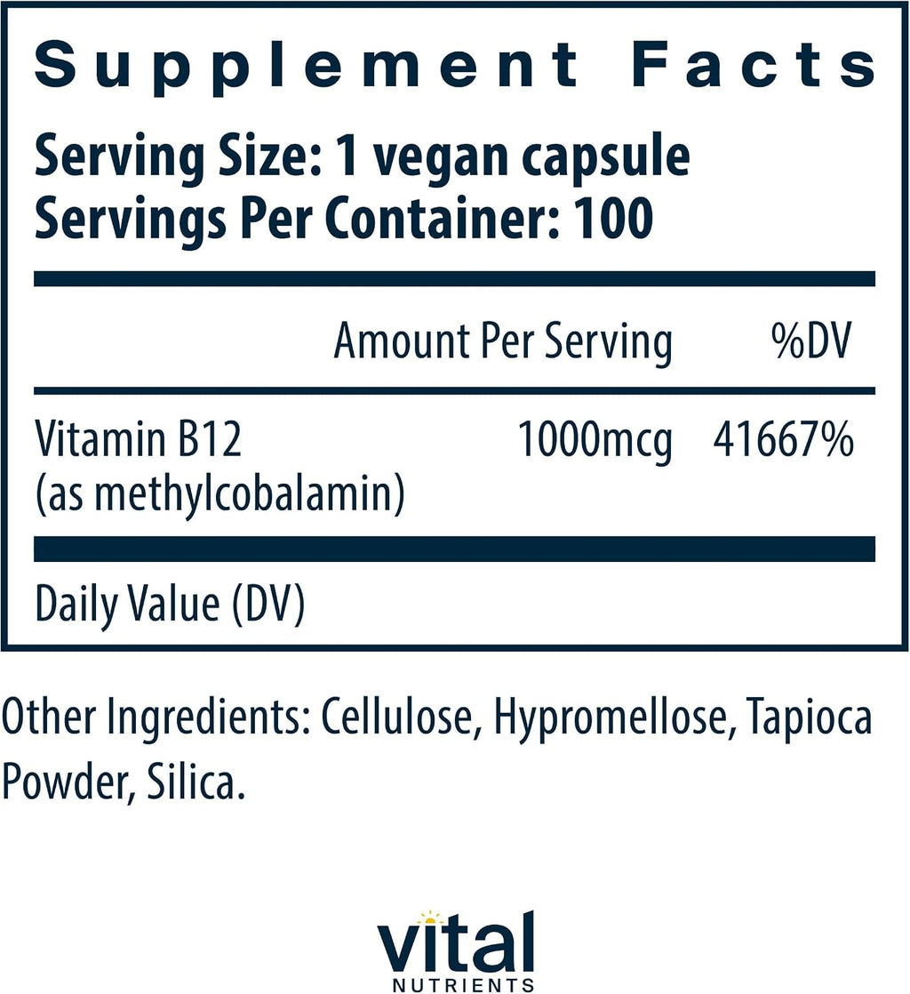Vital Nutrients Vitamina B12 1000mcg - Metilcobalamina Vegano - 100 Cápsulas