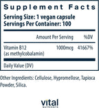 Vital Nutrients Vitamina B12 1000mcg - Metilcobalamina Vegano - 100 Cápsulas