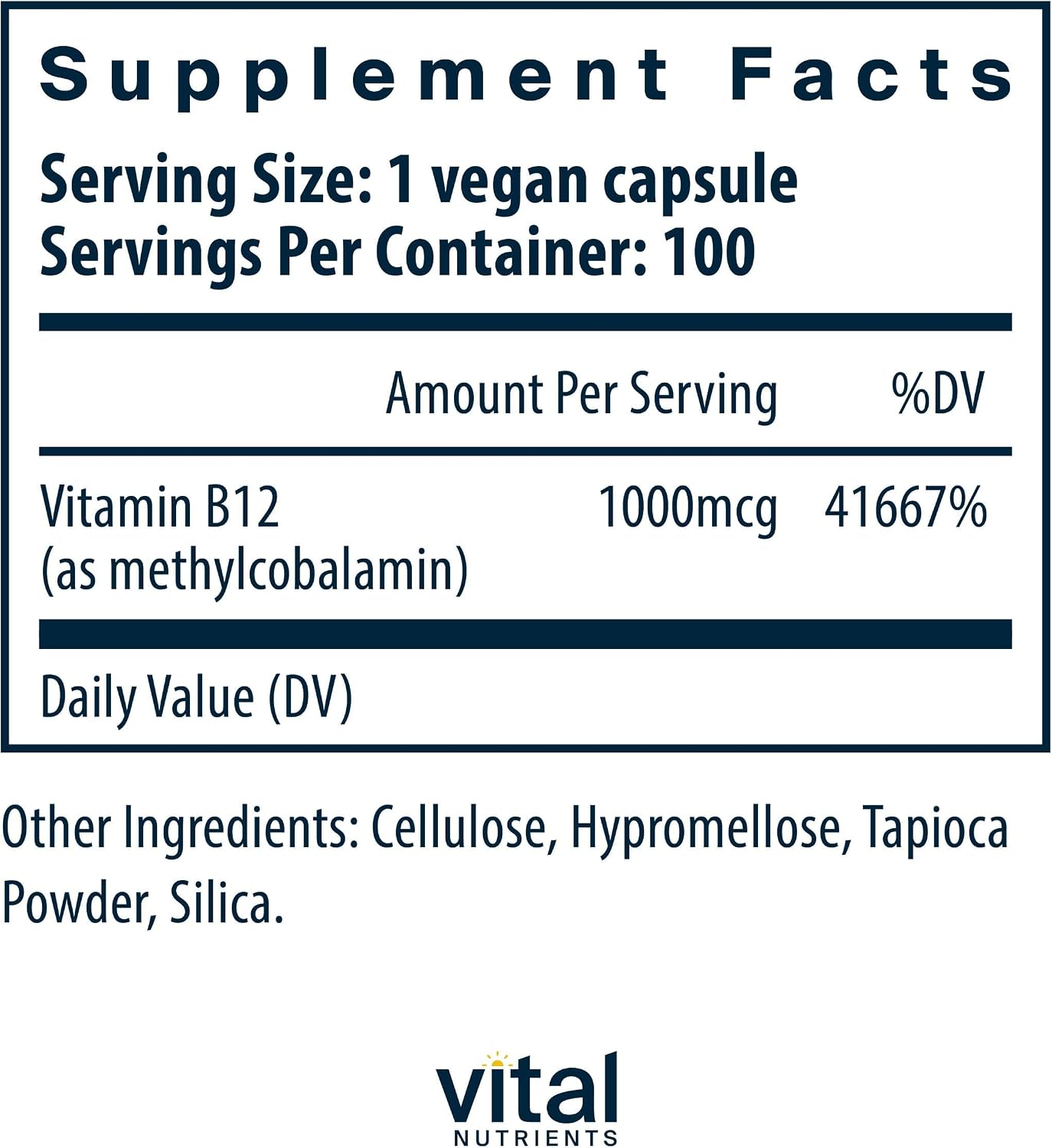 Vital Nutrients Vitamina B12 1000mcg - Metilcobalamina Vegano - 100 Cápsulas