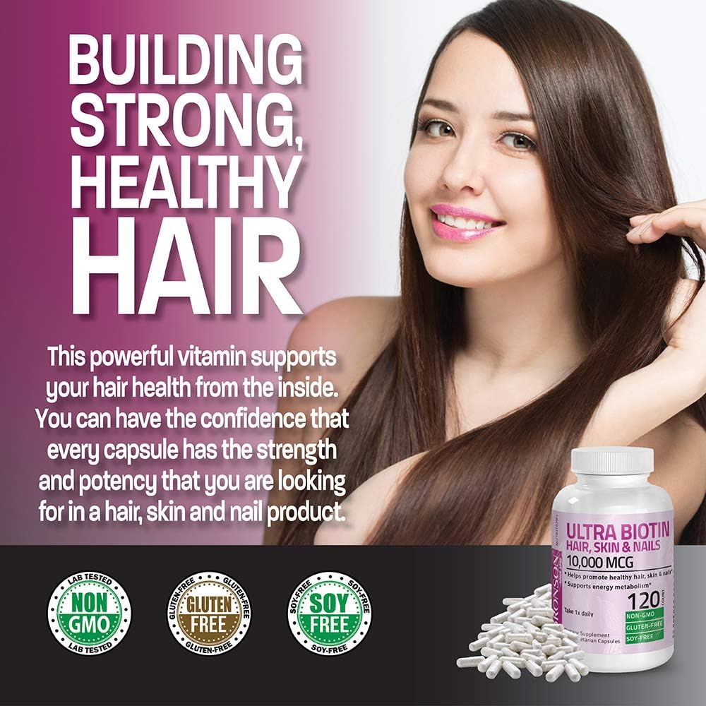 Bronson Ultra Biotina 10.000 mcg - Complemento para Cabello, Piel y Uñas - 360 Cápsulas Vegetales