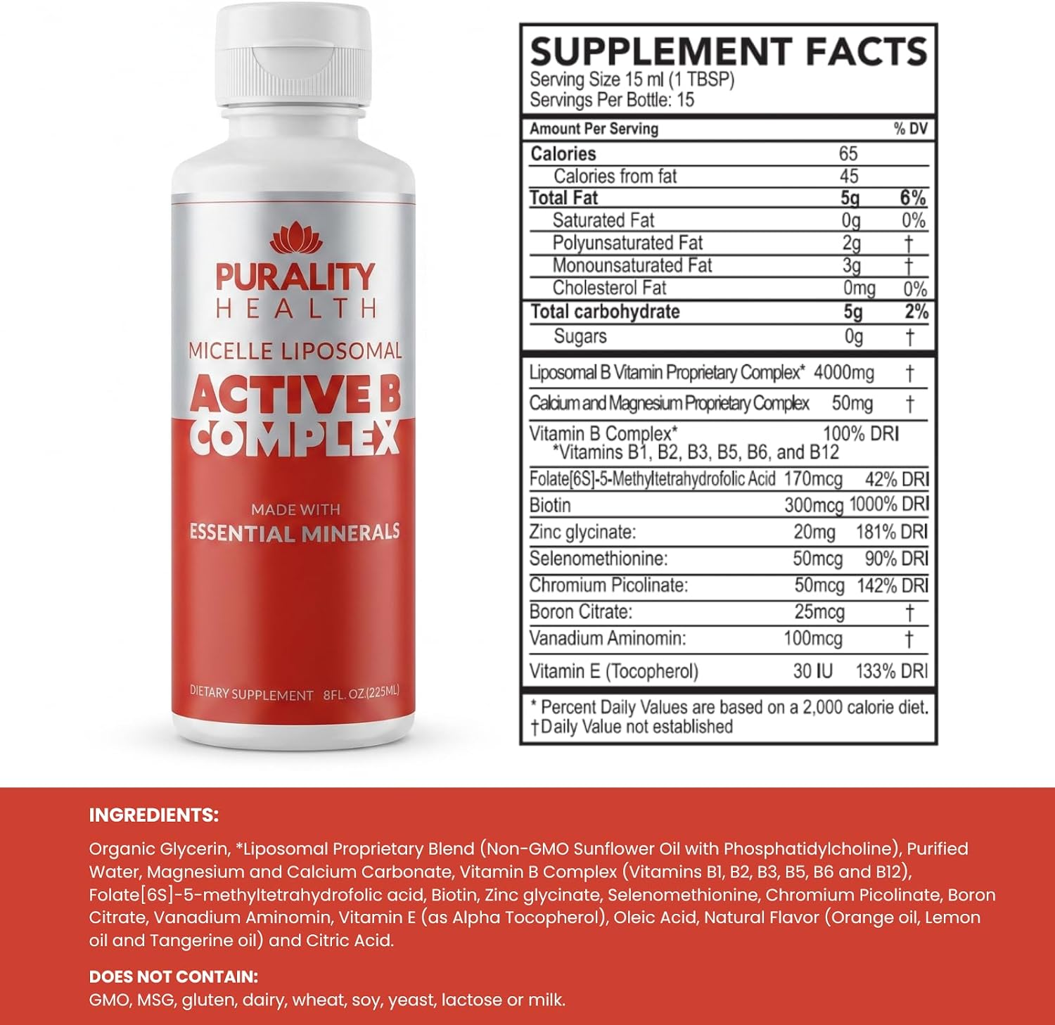 Complejo B Líquido con Absorción Liposomal - Purality Health - Vitaminas B1, B2, B3, B5, B6, B7, B9, B12 + Minerales Esenciales - 15 Días