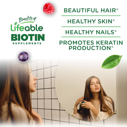 Lifeable Biotina 10000mcg Gominolas – – La biotina contribuye al mantenimiento del cabello en condiciones normales. – Image 3