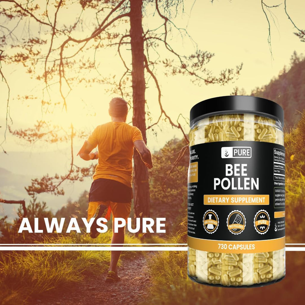 PURE ORIGINAL INGREDIENTS Polen de Abeja, Sin Rellenos de Magnesio o Arroz, Siempre Puro, Verificado en Laboratorio (730 Cápsulas)