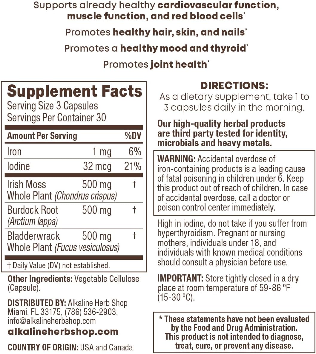 Alkaline Herb Store - Suplemento de Sea Moss, Bardana y Bladderwrack, 90 Cápsulas