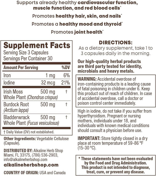 Alkaline Herb Store - Suplemento de Sea Moss, Bardana y Bladderwrack, 90 Cápsulas