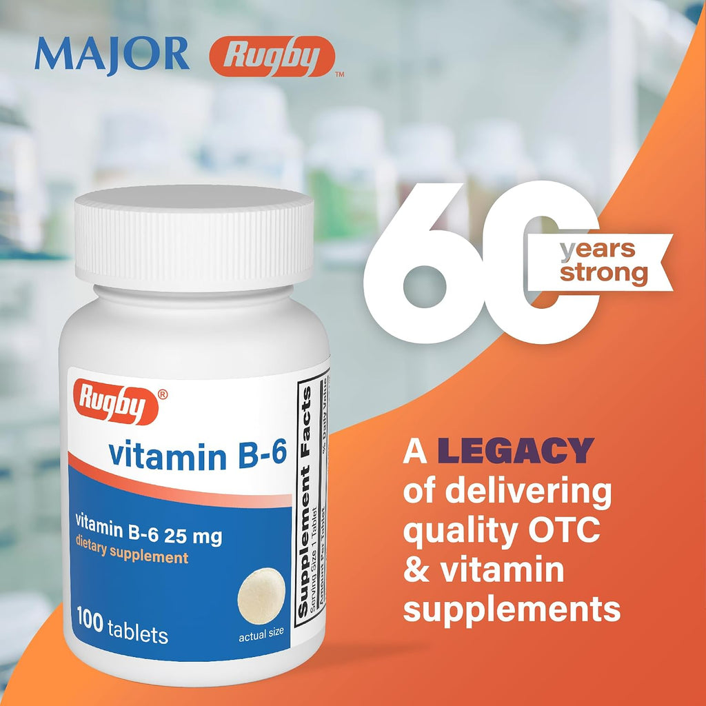 Tabletas de vitamina B-6 Rugby - 25 mg de vitamina B6 - 100 comprimidos