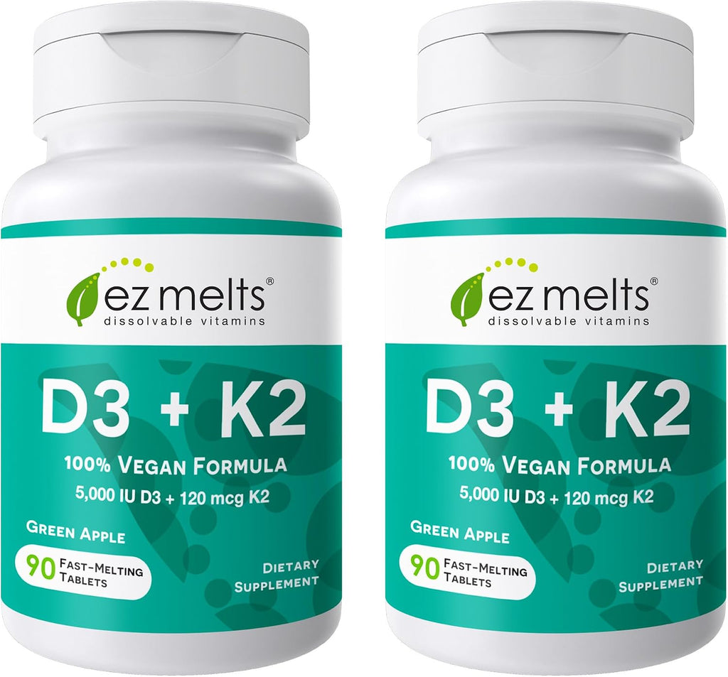 EZ Melts Vitamina D3 5000 IU Vegana - 90 Comprimidos Disolubles Sabor Manzana Verde - Sin Gluten, No-GMO