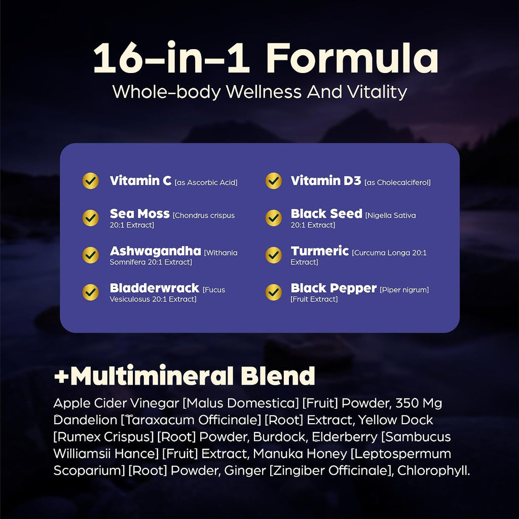 Anuva 16 en 1 Cápsulas de Sea Moss con Aceite de Semilla Negra, Ashwagandha, Vitamina C, D3, Cúrcuma, Bardana y Minerales - 60 Cápsulas Veganas