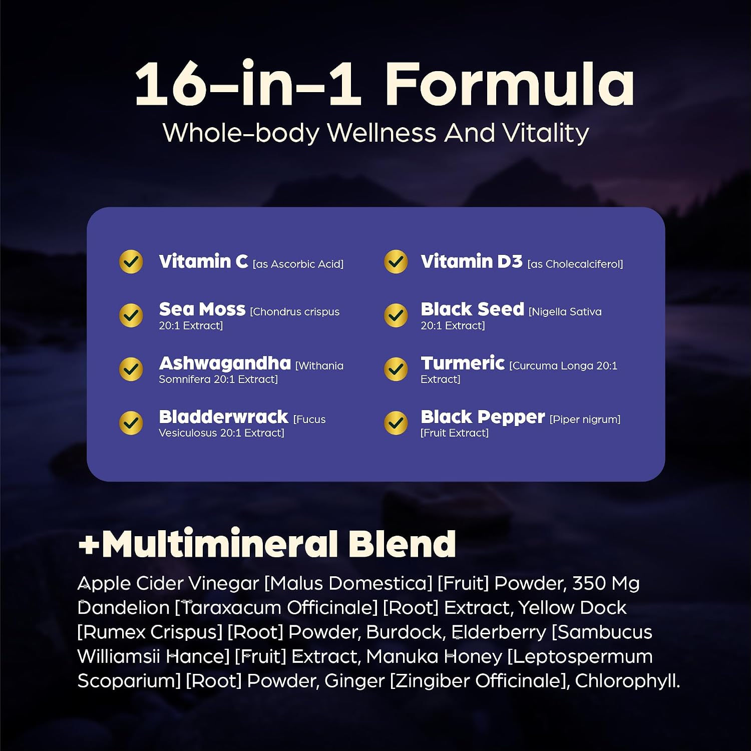 Anuva 16 en 1 Cápsulas de Sea Moss con Aceite de Semilla Negra, Ashwagandha, Vitamina C, D3, Cúrcuma, Bardana y Minerales - 60 Cápsulas Veganas